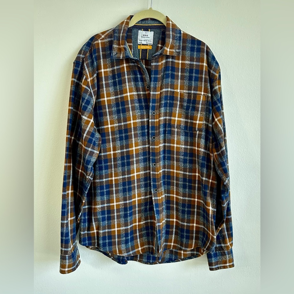 MBX Men’s Plaid Flannel Long Sleeve Shirt, XL Brown Navy White